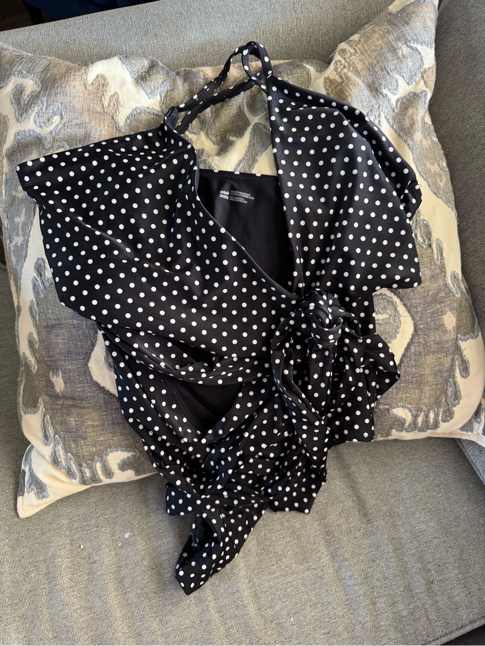 aerie Black and White Polka Dot Halter Wrap Top